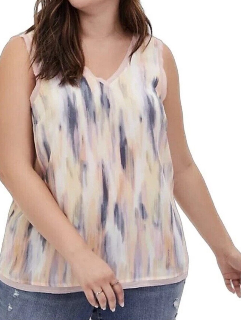 #166 Torrid 3 Georgette Raw Edge Watercolor Brush Stroke Tank